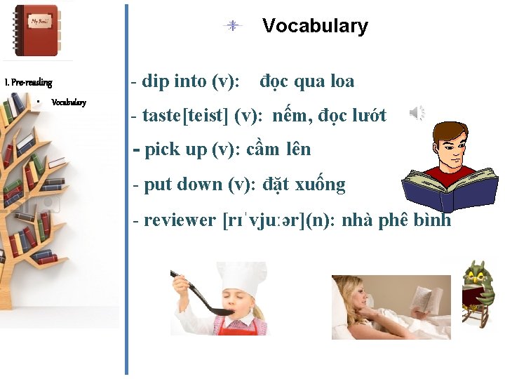 Vocabulary I. Pre-reading • Vocabulary - dip into (v): đọc qua loa - taste[teist]