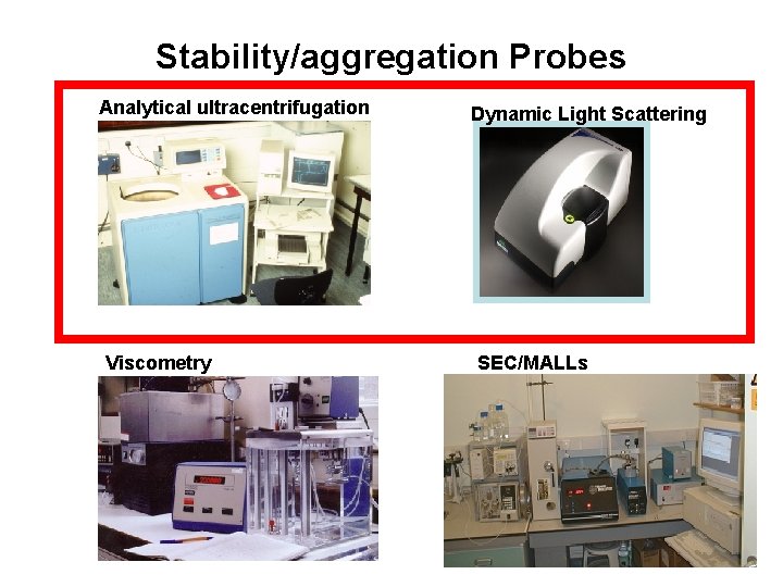 Stability/aggregation Probes Analytical ultracentrifugation Viscometry Dynamic Light Scattering SEC/MALLs 