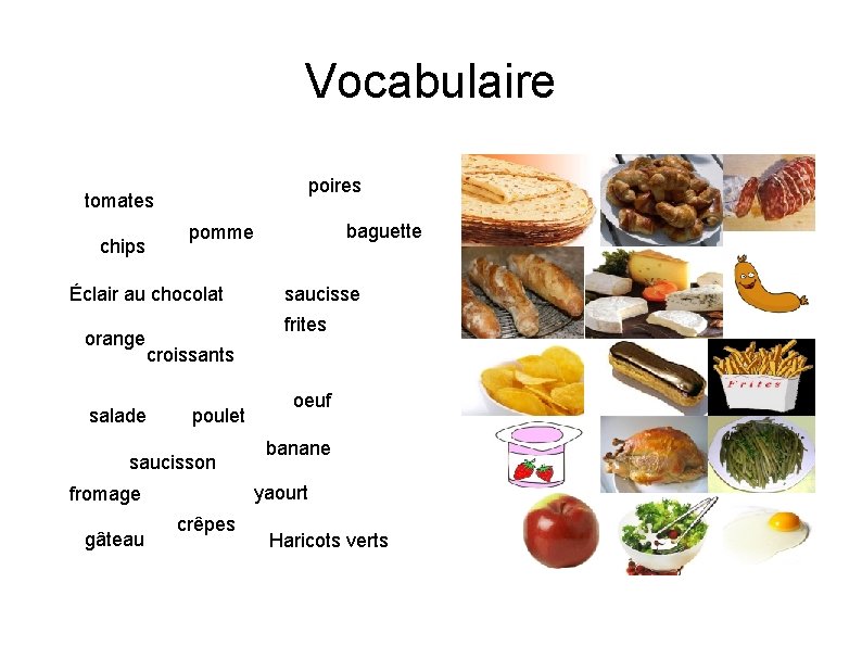 Vocabulaire poires tomates chips Éclair au chocolat orange saucisse frites croissants salade poulet saucisson