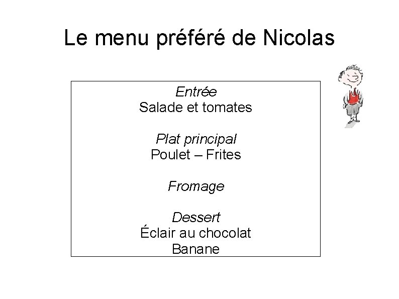 Le menu préféré de Nicolas Entrée Salade et tomates Plat principal Poulet – Frites