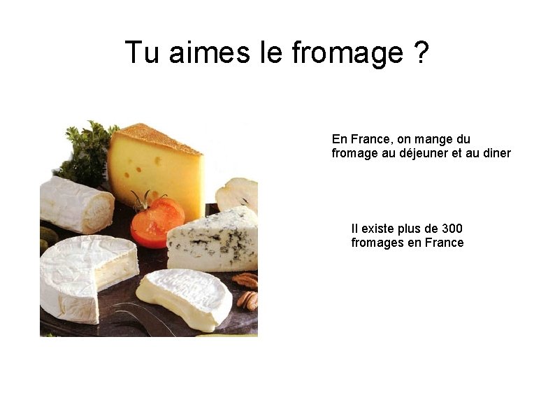 Tu aimes le fromage ? En France, on mange du fromage au déjeuner et
