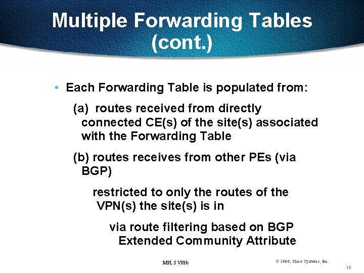 Multiple Forwarding Tables (cont. ) • Each Forwarding Table is populated from: (a) routes