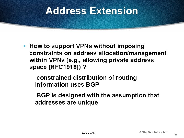 Address Extension • How to support VPNs without imposing constraints on address allocation/management within