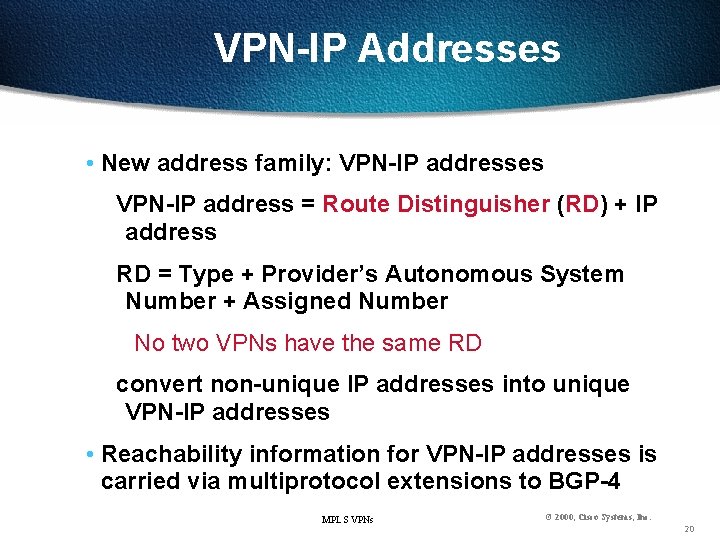 VPN-IP Addresses • New address family: VPN-IP addresses VPN-IP address = Route Distinguisher (RD)