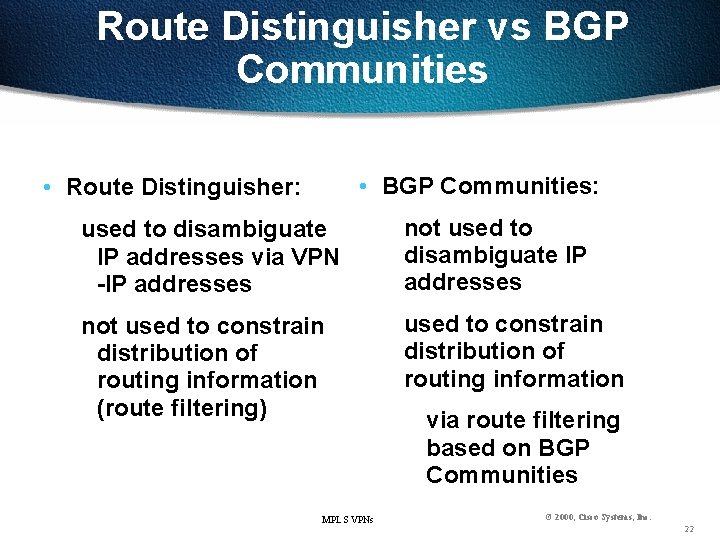 Route Distinguisher vs BGP Communities • BGP Communities: • Route Distinguisher: used to disambiguate