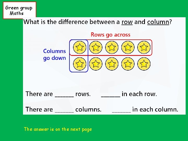 Green group Maths Let’s remind ourselves about adding equal groups. The answer is on