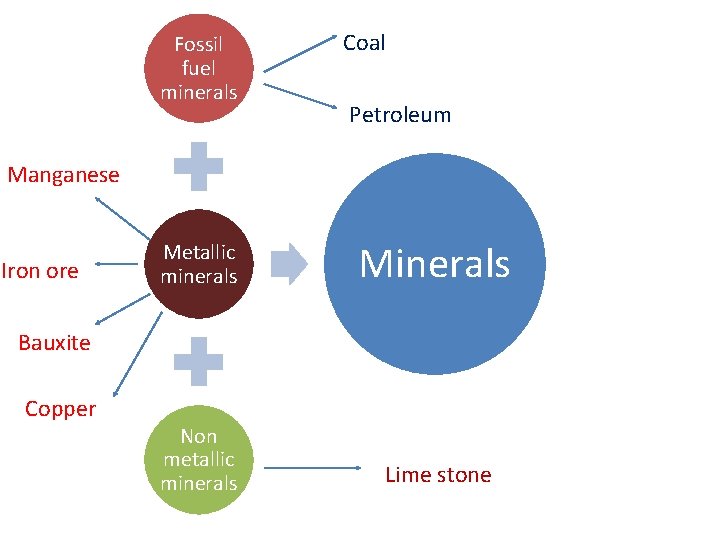 Fossil fuel minerals Coal Petroleum Manganese Iron ore Metallic minerals Minerals Non metallic minerals
