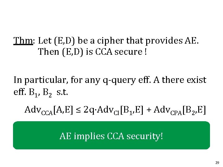 Thm: Let (E, D) be a cipher that provides AE. Then (E, D) is