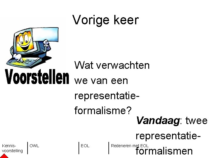 Vorige keer Kennisvoorstelling OWL Wat verwachten we van een representatieformalisme? Vandaag: twee representatieformalismen EOL