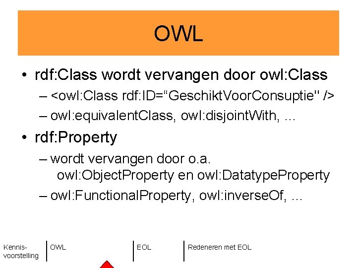 OWL • rdf: Class wordt vervangen door owl: Class – <owl: Class rdf: ID=“Geschikt.