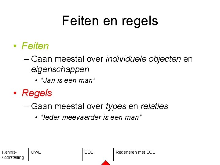 Feiten en regels • Feiten – Gaan meestal over individuele objecten en eigenschappen •