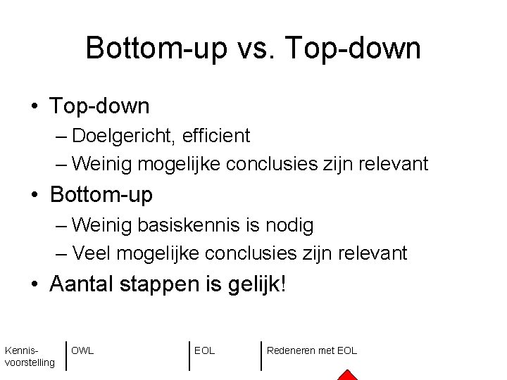 Bottom-up vs. Top-down • Top-down – Doelgericht, efficient – Weinig mogelijke conclusies zijn relevant