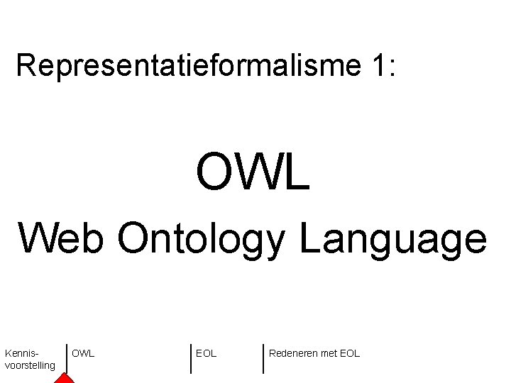 Representatieformalisme 1: OWL Web Ontology Language Kennisvoorstelling OWL EOL Redeneren met EOL 