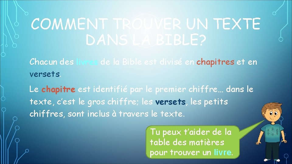 COMMENT TROUVER UN TEXTE DANS LA BIBLE? Chacun des livres de la Bible est