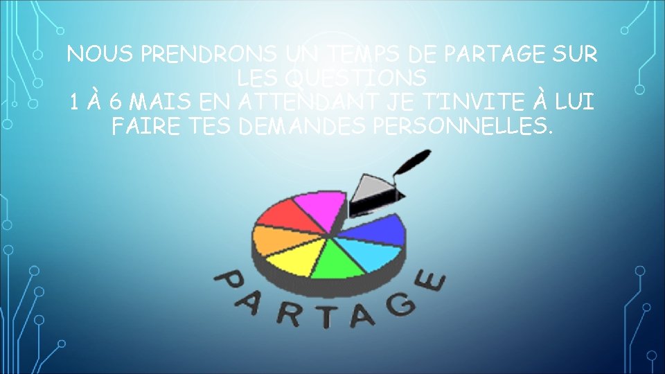 NOUS PRENDRONS UN TEMPS DE PARTAGE SUR LES QUESTIONS 1 À 6 MAIS EN