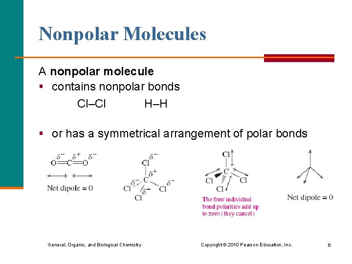 Nonpolar Molecules A nonpolar molecule § contains nonpolar bonds Cl–Cl H–H § or has