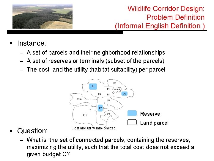 Wildlife Corridor Design: Problem Definition (Informal English Definition ) § Instance: – A set
