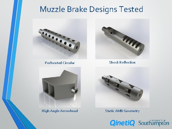 Muzzle Brake Designs Tested Perforated Circular Shock Reflection High Angle Arrowhead Static AMB Geometry