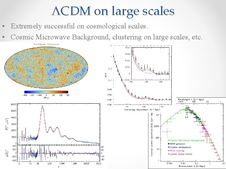 ΛCDM on large scales • Extremely successful on cosmological scales. • Cosmic Microwave Background,