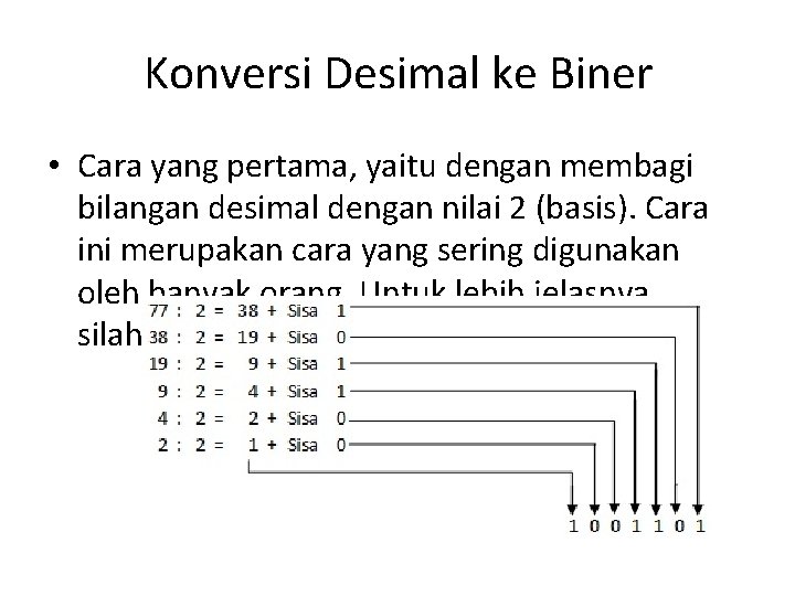 Konversi Desimal ke Biner • Cara yang pertama, yaitu dengan membagi bilangan desimal dengan