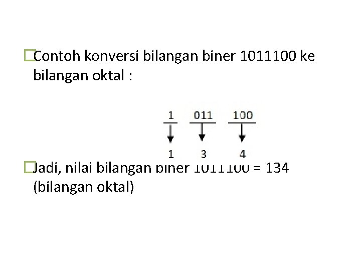 �Contoh konversi bilangan biner 1011100 ke bilangan oktal : �Jadi, nilai bilangan biner 1011100