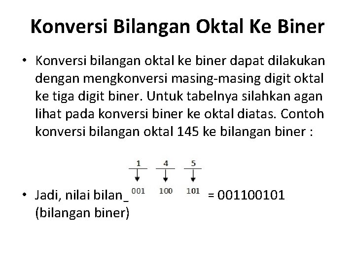 Konversi Bilangan Oktal Ke Biner • Konversi bilangan oktal ke biner dapat dilakukan dengan