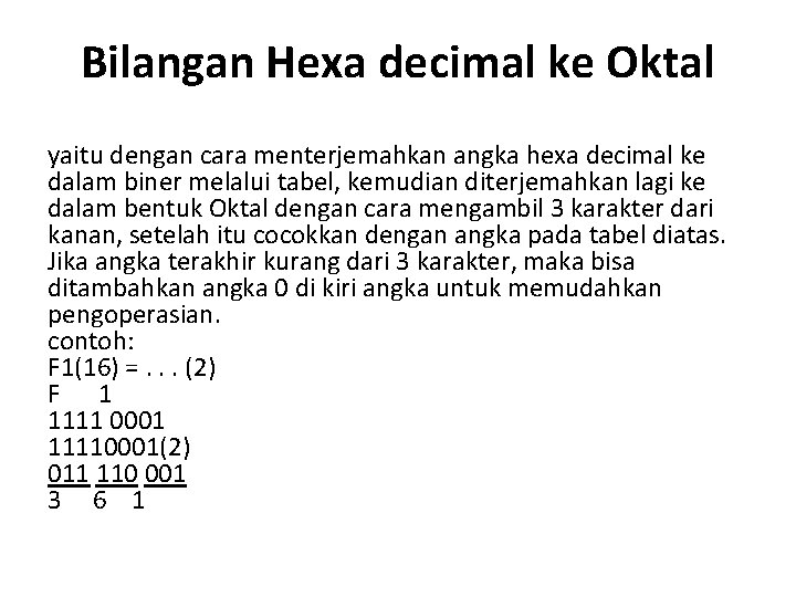 Bilangan Hexa decimal ke Oktal yaitu dengan cara menterjemahkan angka hexa decimal ke dalam