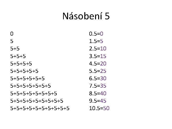 Násobení 5 0 5 5+5+5+5+5 5+5+5+5+5+5+5 5+5+5+5+5+5 0. 5=0 1. 5=5 2. 5=10 3.