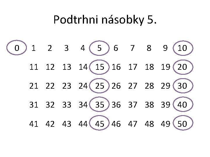 Podtrhni násobky 5. 0 1 2 3 4 5 6 7 8 9 10