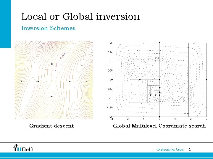 Local or Global inversion Inversion Schemes Gradient descent Global Multilevel Coordinate search Challenge the