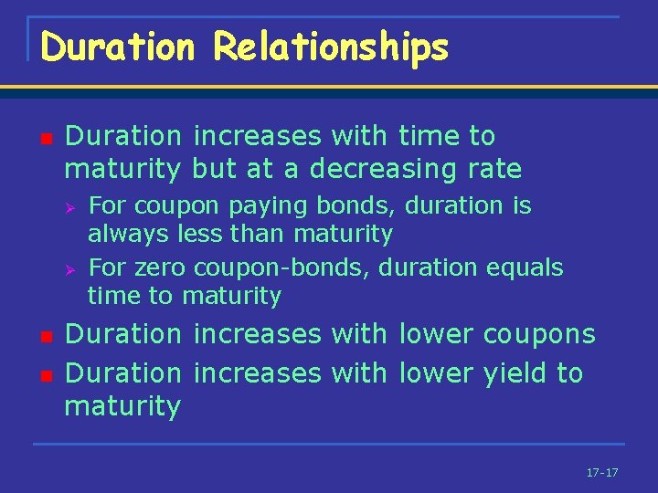 Duration Relationships n Duration increases with time to maturity but at a decreasing rate