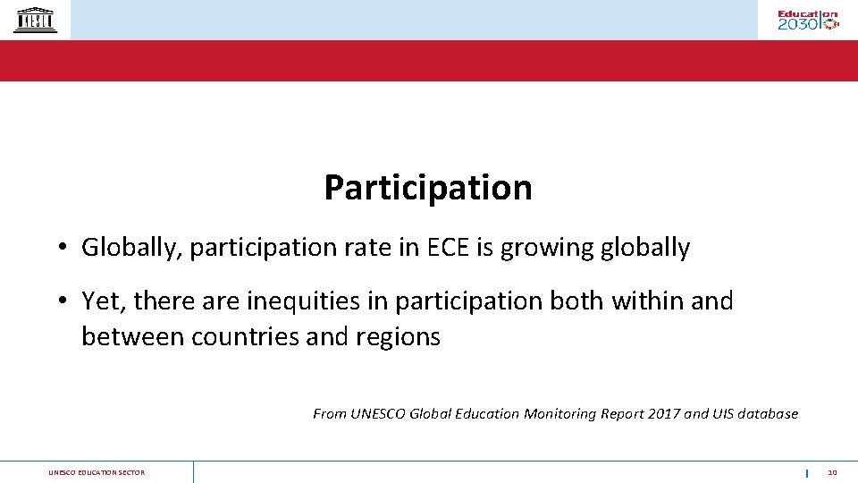 Participation • Globally, participation rate in ECE is growing globally • Yet, there are