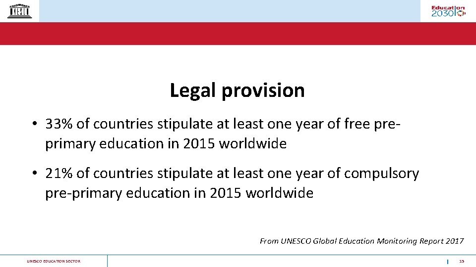 Legal provision • 33% of countries stipulate at least one year of free preprimary