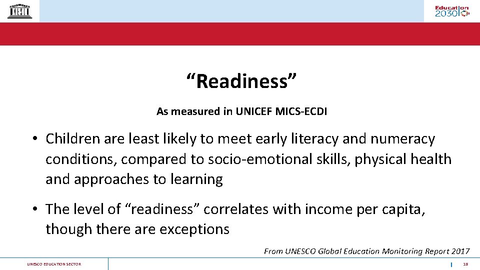 “Readiness” As measured in UNICEF MICS-ECDI • Children are least likely to meet early