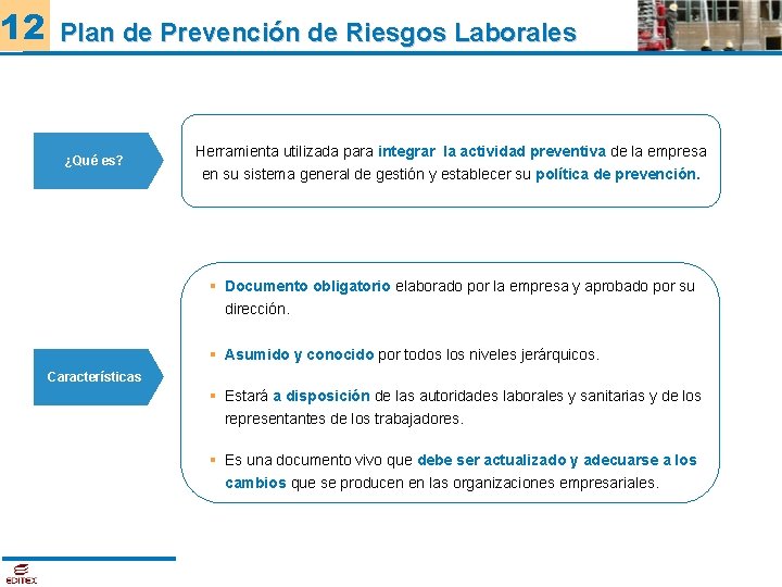 12 Plan de Prevención de Riesgos Laborales ¿Qué es? Herramienta utilizada para integrar la