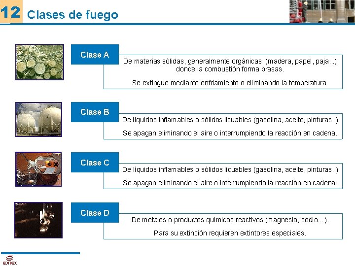 12 Clases de fuego Clase A De materias sólidas, generalmente orgánicas (madera, papel, paja.