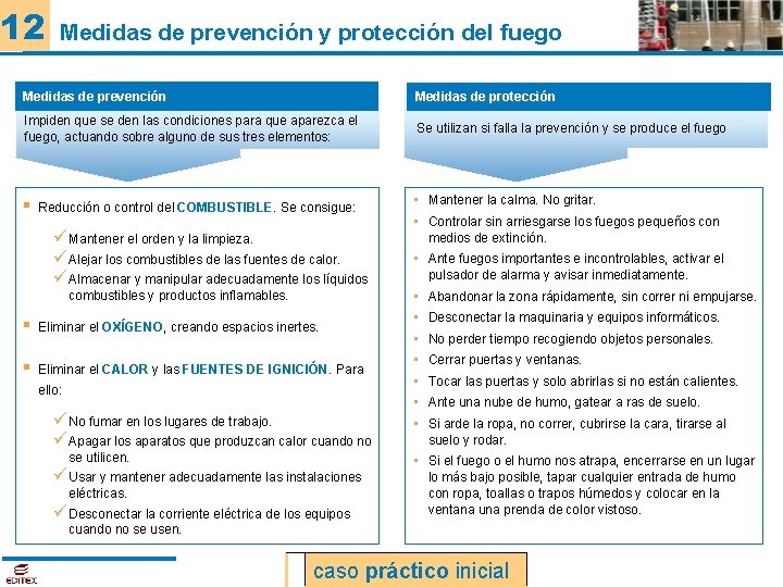 12 Medidas de prevención y protección del fuego Medidas de prevención Medidas de protección