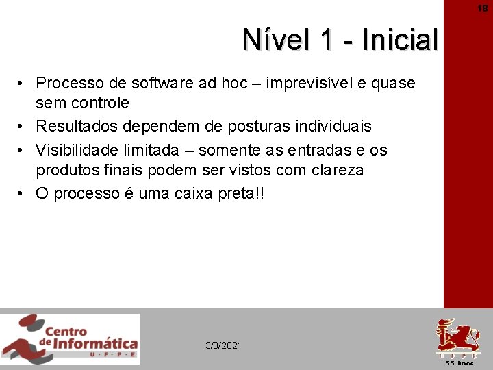 18 Nível 1 - Inicial • Processo de software ad hoc – imprevisível e