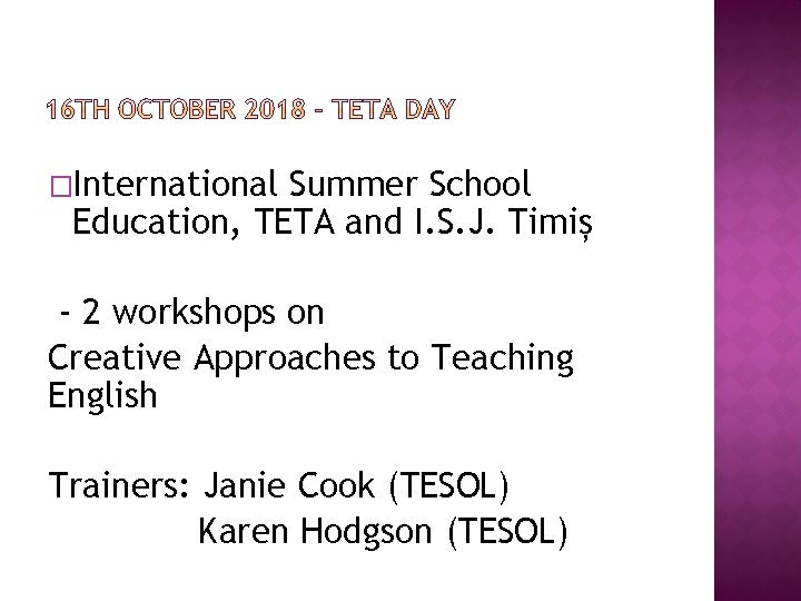 �International Summer School Education, TETA and I. S. J. Timiș - 2 workshops on