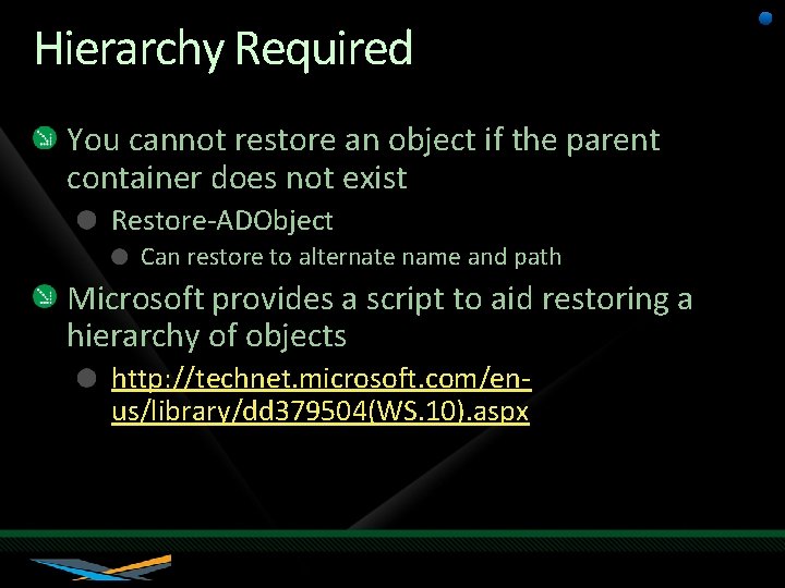 Hierarchy Required You cannot restore an object if the parent container does not exist