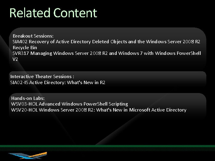Related Content Breakout Sessions: SIA 402 Recovery of Active Directory Deleted Objects and the