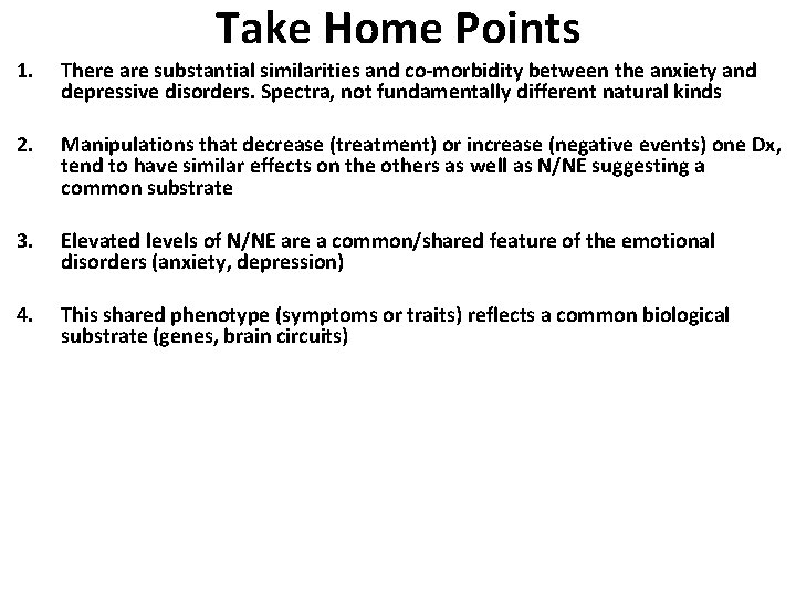 Take Home Points 1. There are substantial similarities and co-morbidity between the anxiety and