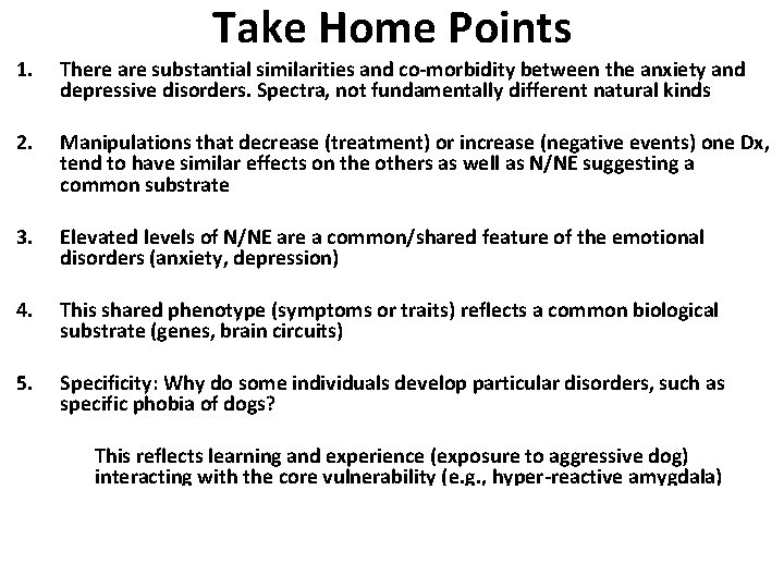 Take Home Points 1. There are substantial similarities and co-morbidity between the anxiety and