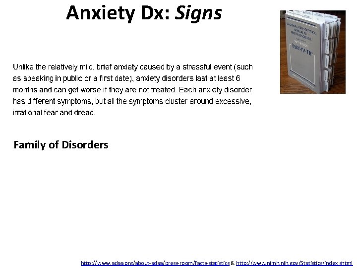 Anxiety Dx: Signs Family of Disorders • Generalized Anxiety (GAD)) • Panic • Post-Traumatic