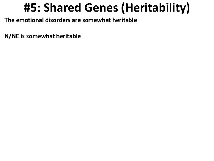 #5: Shared Genes (Heritability) The emotional disorders are somewhat heritable N/NE is somewhat heritable