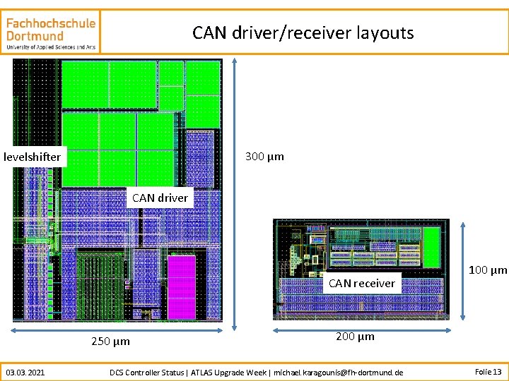 CAN driver/receiver layouts 300 µm levelshifter CAN driver CAN receiver 250 µm 03. 2021