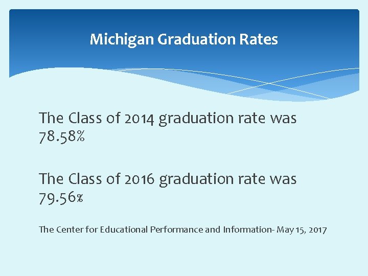 Michigan Graduation Rates The Class of 2014 graduation rate was 78. 58% The Class