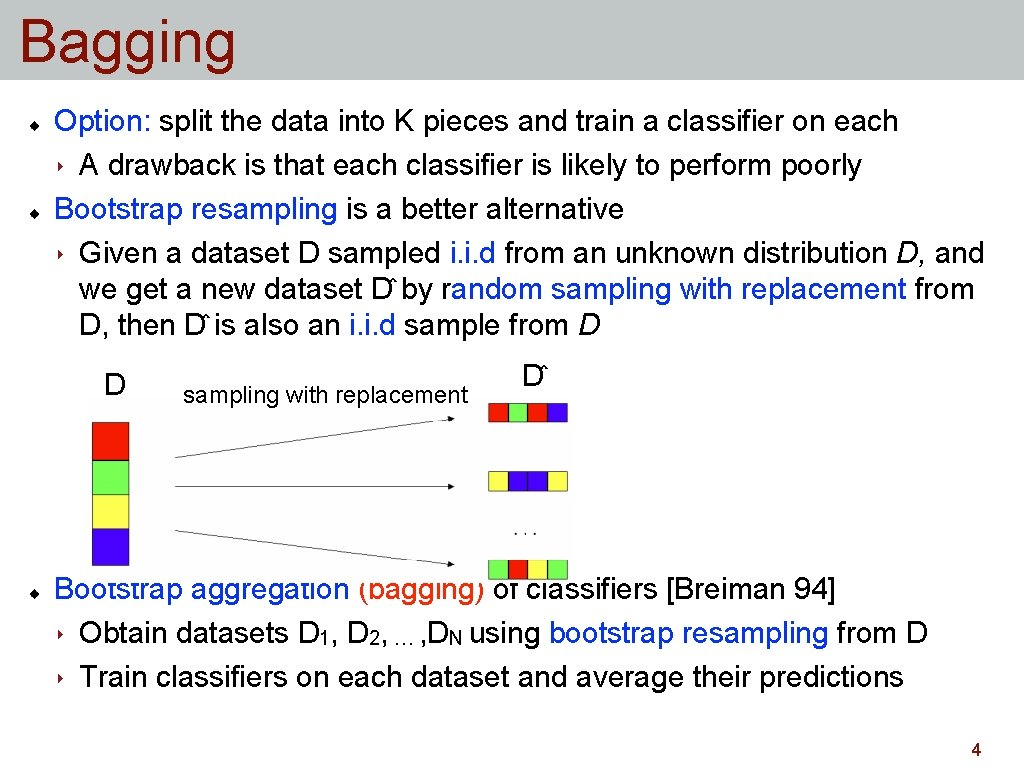 Bagging Option: split the data into K pieces and train a classifier on each