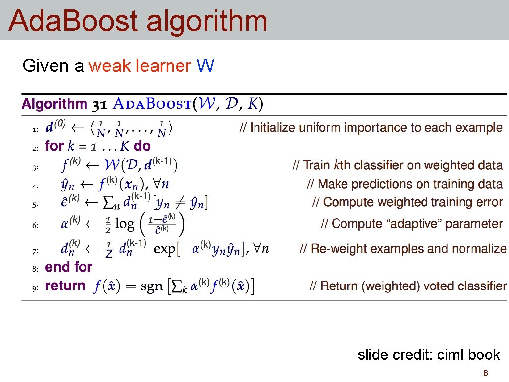 Ada. Boost algorithm Given a weak learner W slide credit: ciml book 8 