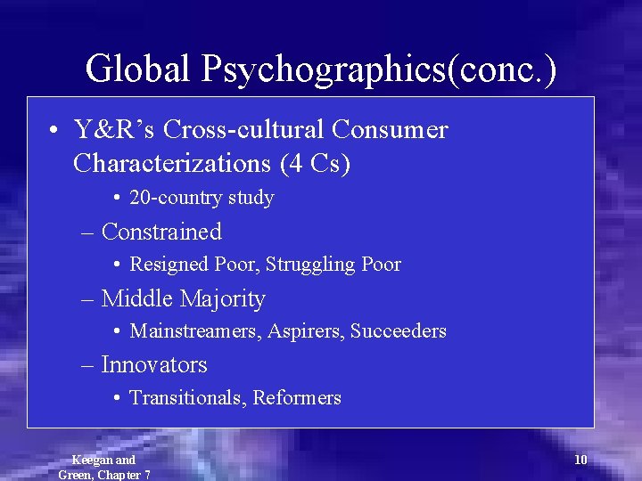 Global Psychographics(conc. ) • Y&R’s Cross-cultural Consumer Characterizations (4 Cs) • 20 -country study